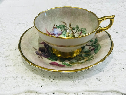 Salisbury China Teacup Saucer Vintage from England Glazed painted fruit detail