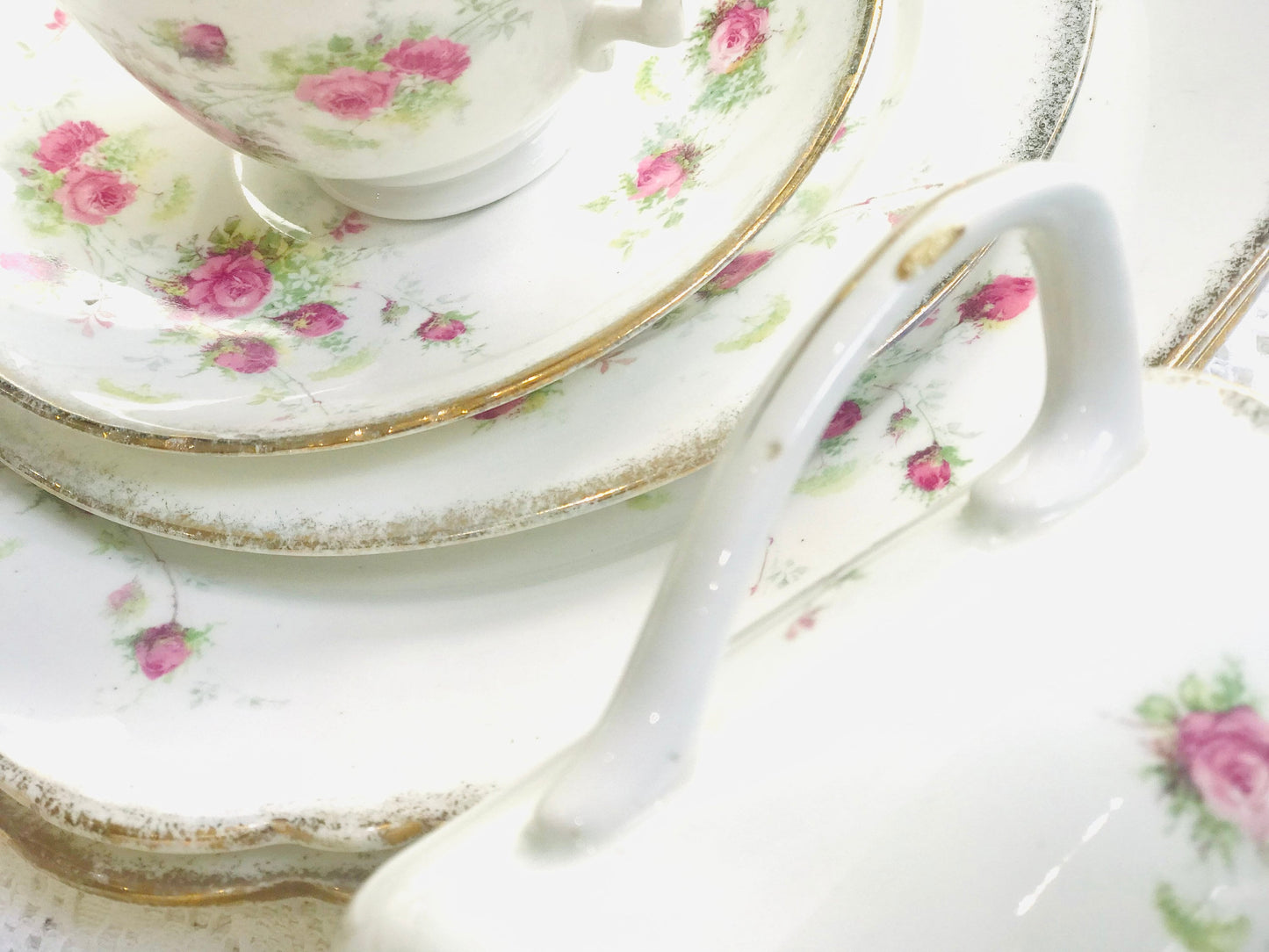 Antique Afternoon Tea Set Teacups Saucers Pink Roses William Low England