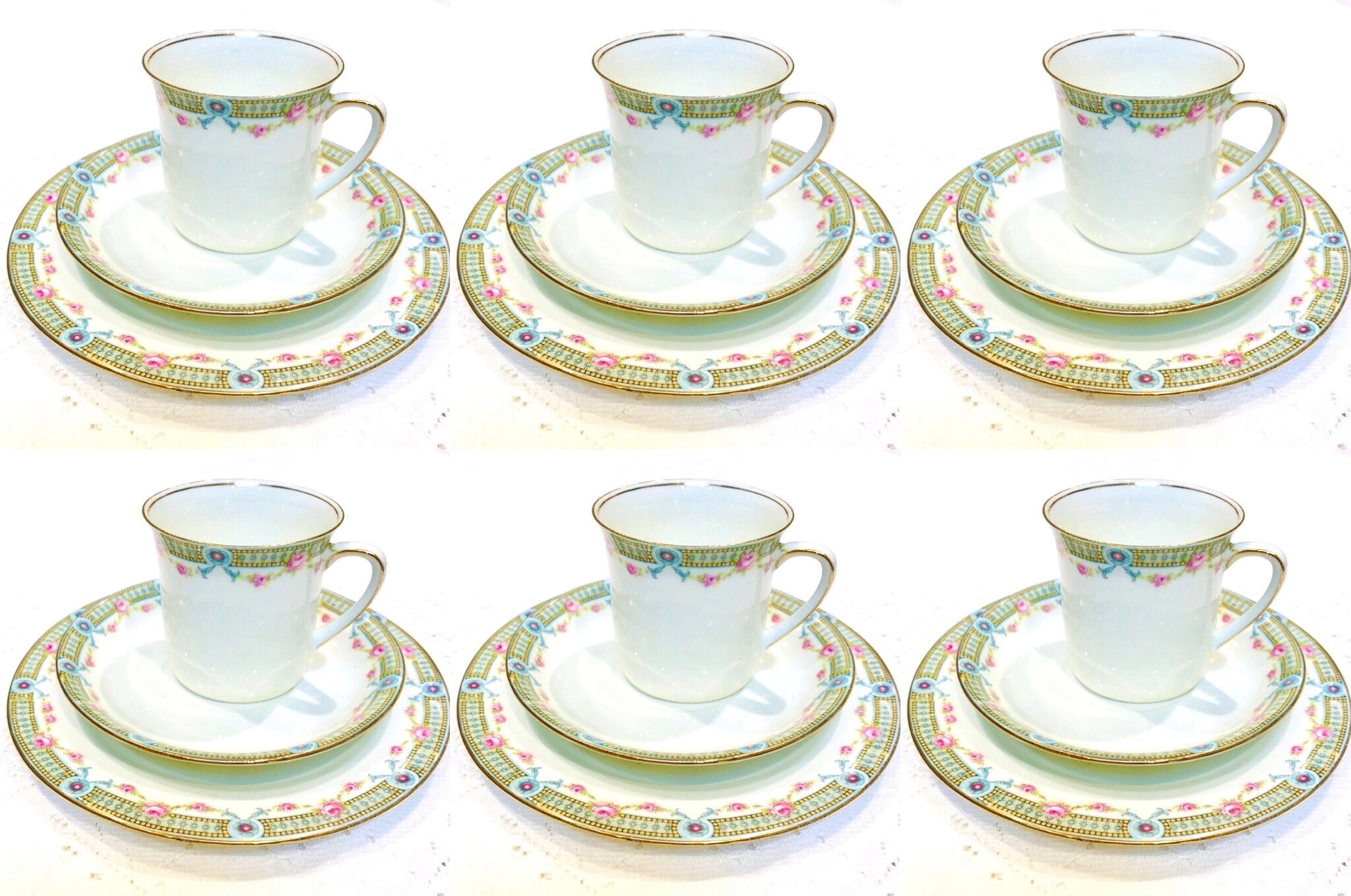 Charming Vintage Tea Set Swags & Bows Teacups and Saucers a beautiful vintage/antique fine bone china made in England by EHughes Company