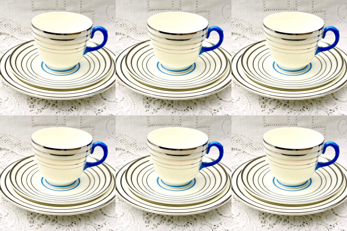 RARE Wedgwood Art Deco Tea Set Tea cups saucers blue white silver bands