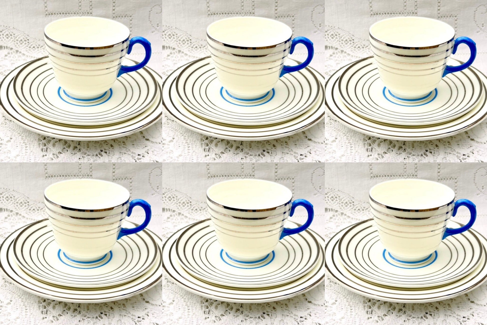 RARE Wedgwood Art Deco Tea Set Tea cups saucers blue white silver bands