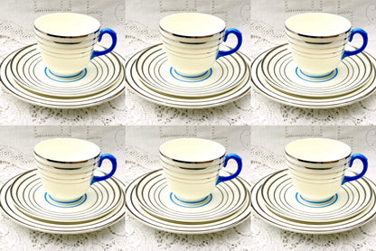 RARE Wedgwood Art Deco Tea Set Tea cups saucers blue white silver bands