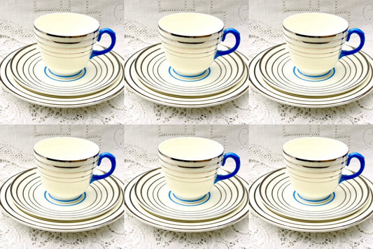 RARE Wedgwood Art Deco Tea Set Tea cups saucers blue white silver bands