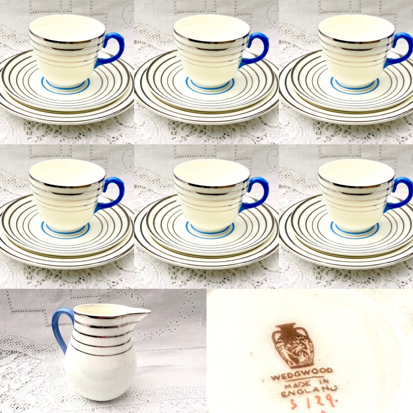 RARE Wedgwood Art Deco Tea Set Tea cups saucers blue white silver bands