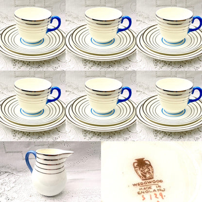 RARE Wedgwood Art Deco Tea Set Tea cups saucers blue white silver bands