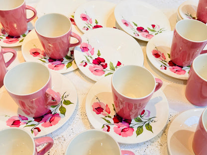 x 14 Pink Coffee Cups & Saucers English bone china sweet pea flowers