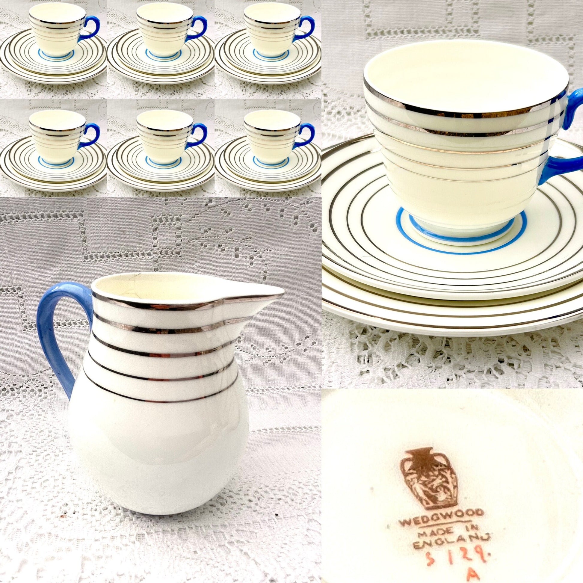 RARE Wedgwood Art Deco Tea Set Tea cups saucers blue white silver bands