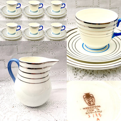 RARE Wedgwood Art Deco Tea Set Tea cups saucers blue white silver bands