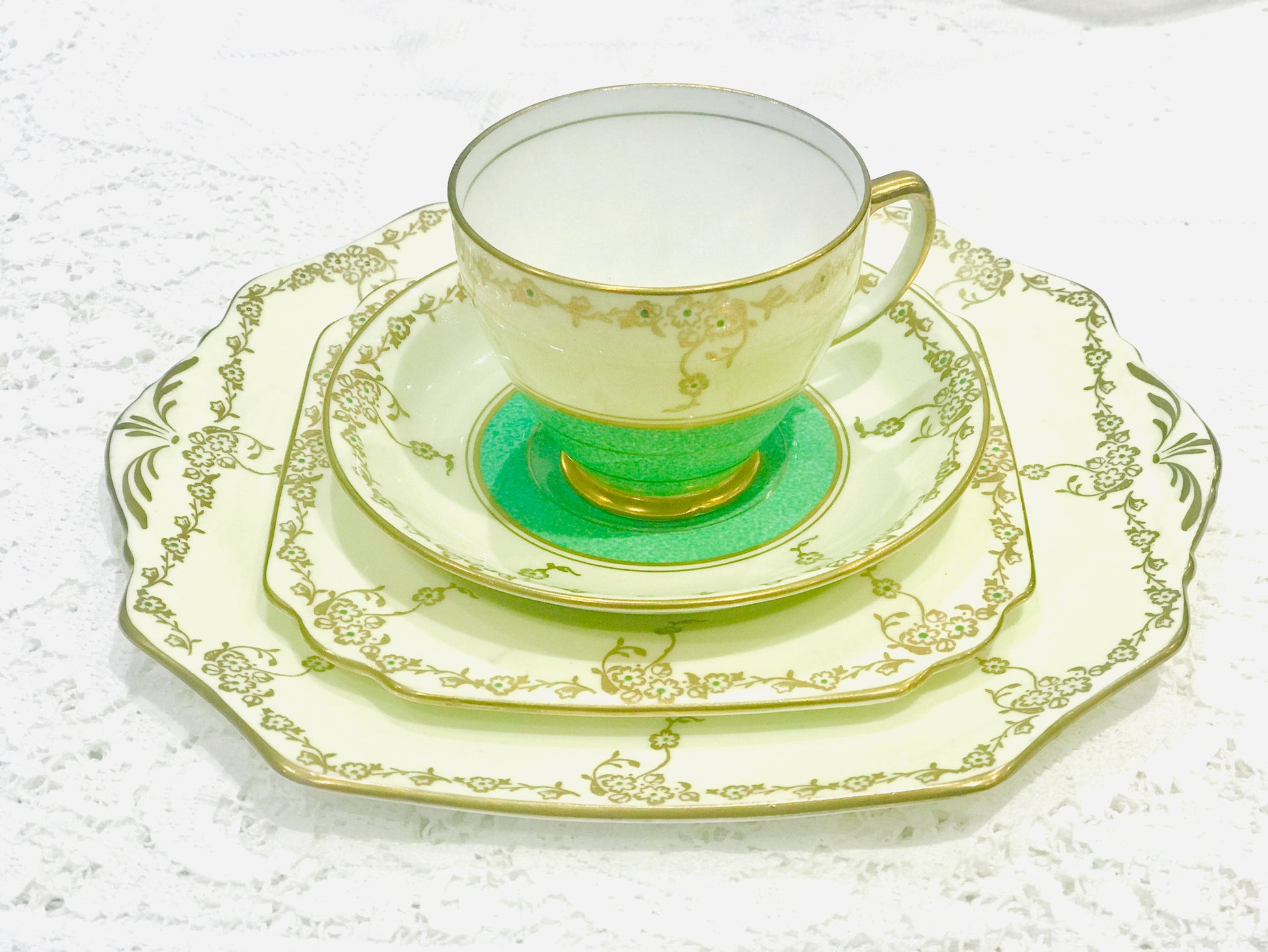 Art Deco Vintage Teacup & Saucer Trio/Cake Plate - 4 piece set Old Royal China Green/Primrose